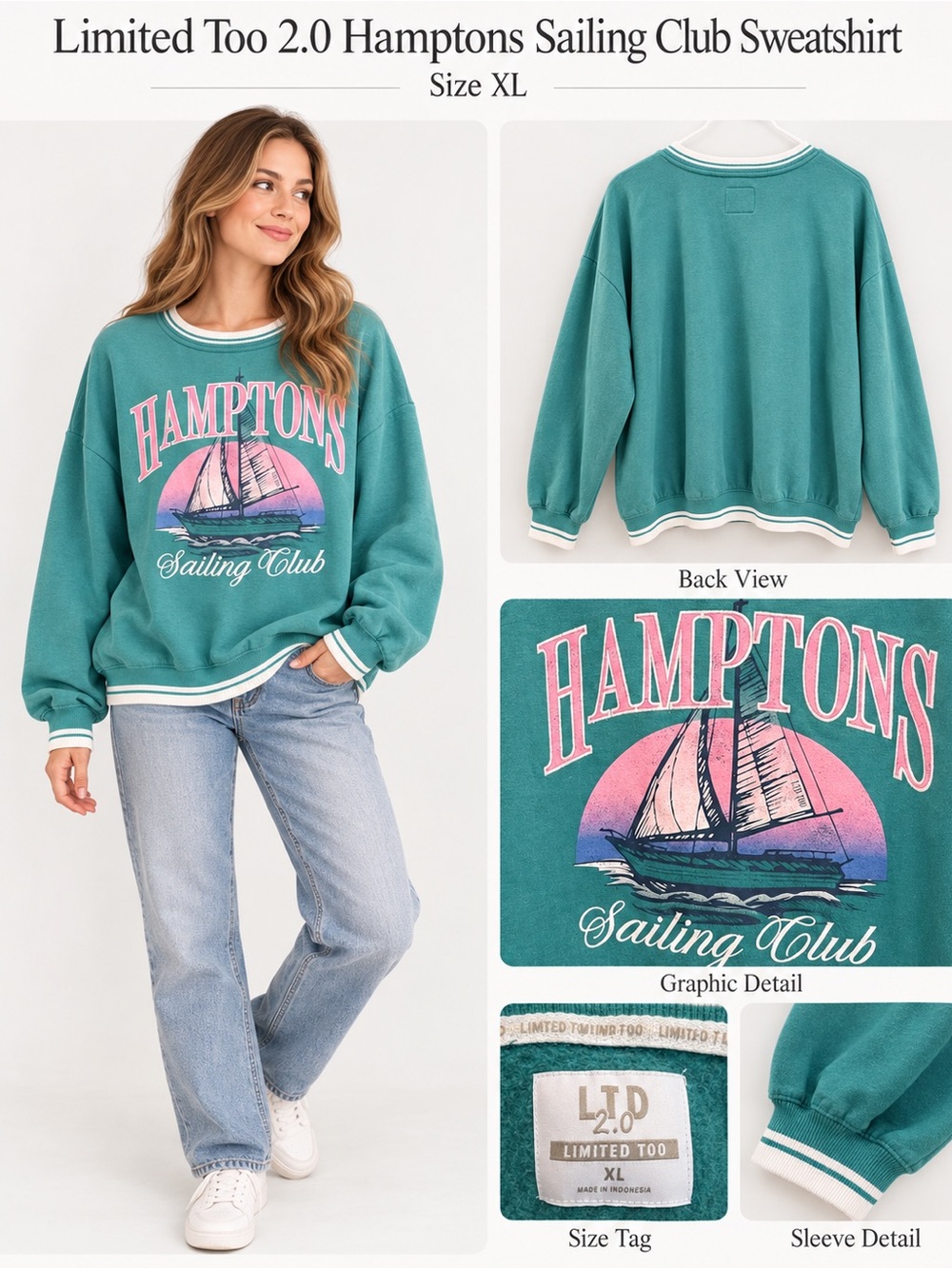 Limited Too Teal "Hamptons Sailing Club" Graphic embroidered Sweatshirt